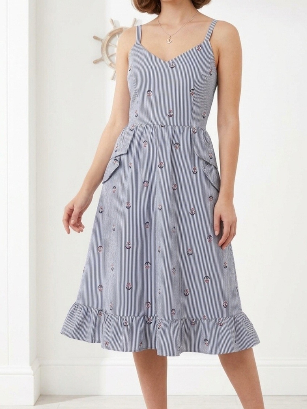 Voodoo Vixen Andy Anchor Pinstripe Dress Nautical Theme with Embroidered Anchors